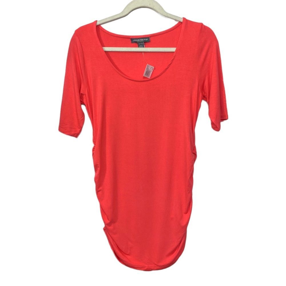 A Pea in the Pod Maternity Sz S Elbow Sleeve Tunic Top Shirt Orange Ruched Side
